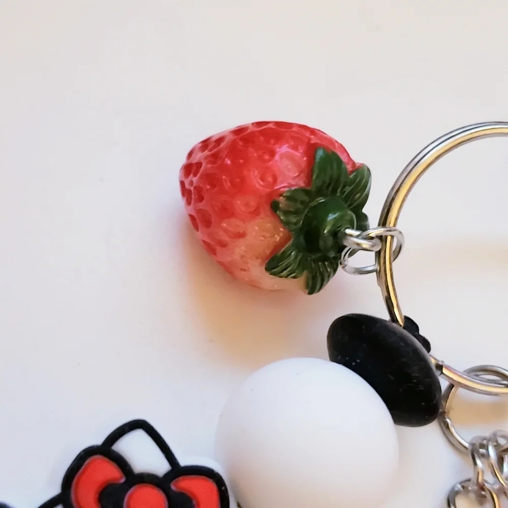 Handmade Kawaii Black Red White Strawberry Flower Hello Kitty Keychain